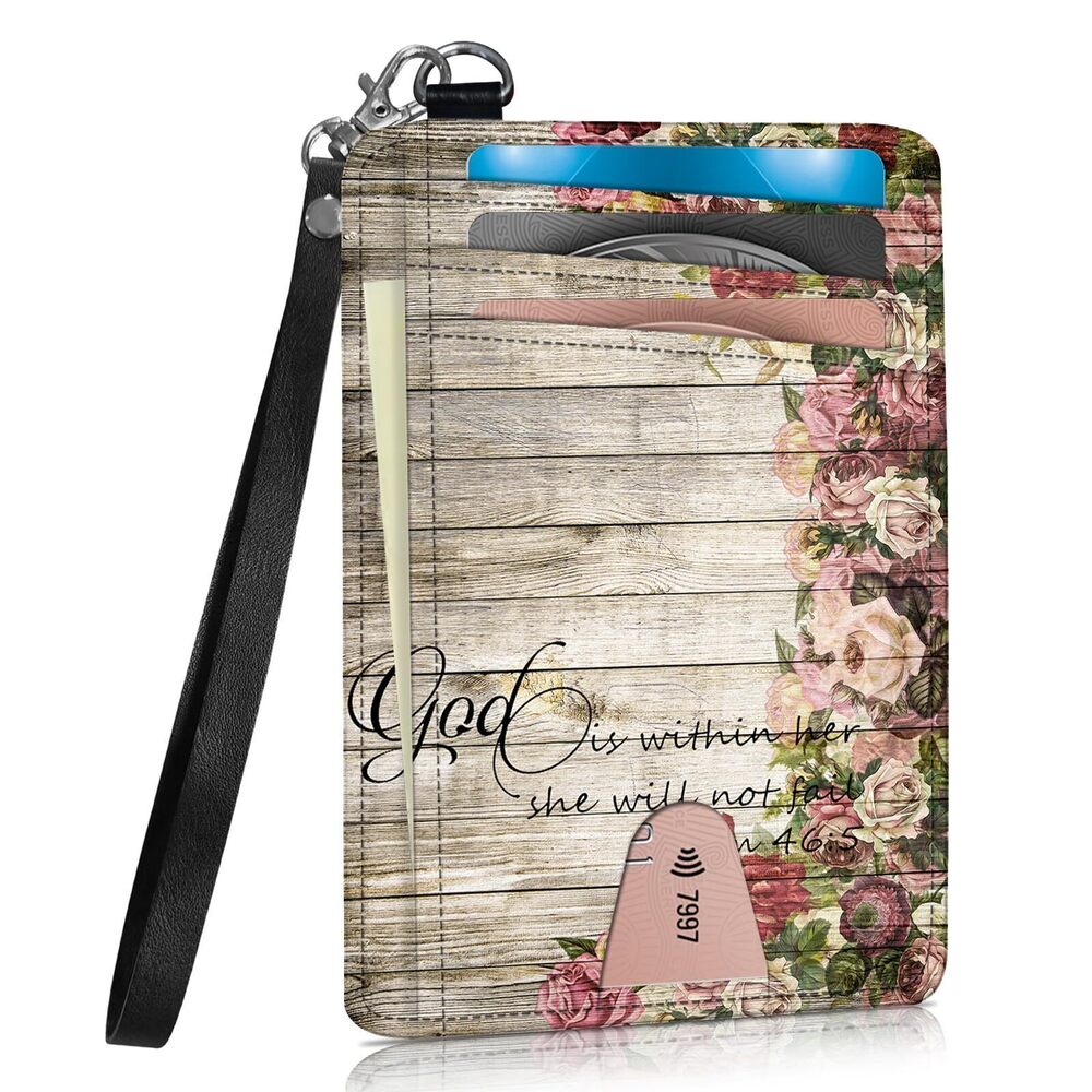 6452 Credit Card Holder Slim Wallet with Wristlet Lanyard,Leather Front